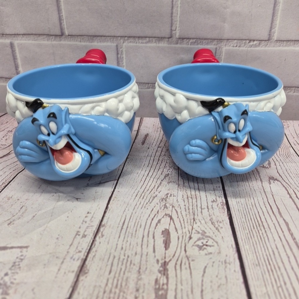 2-Disney Aladdin Kid's Blue Plastic Melamine Cup Mug Genie Ringling Bros 90s